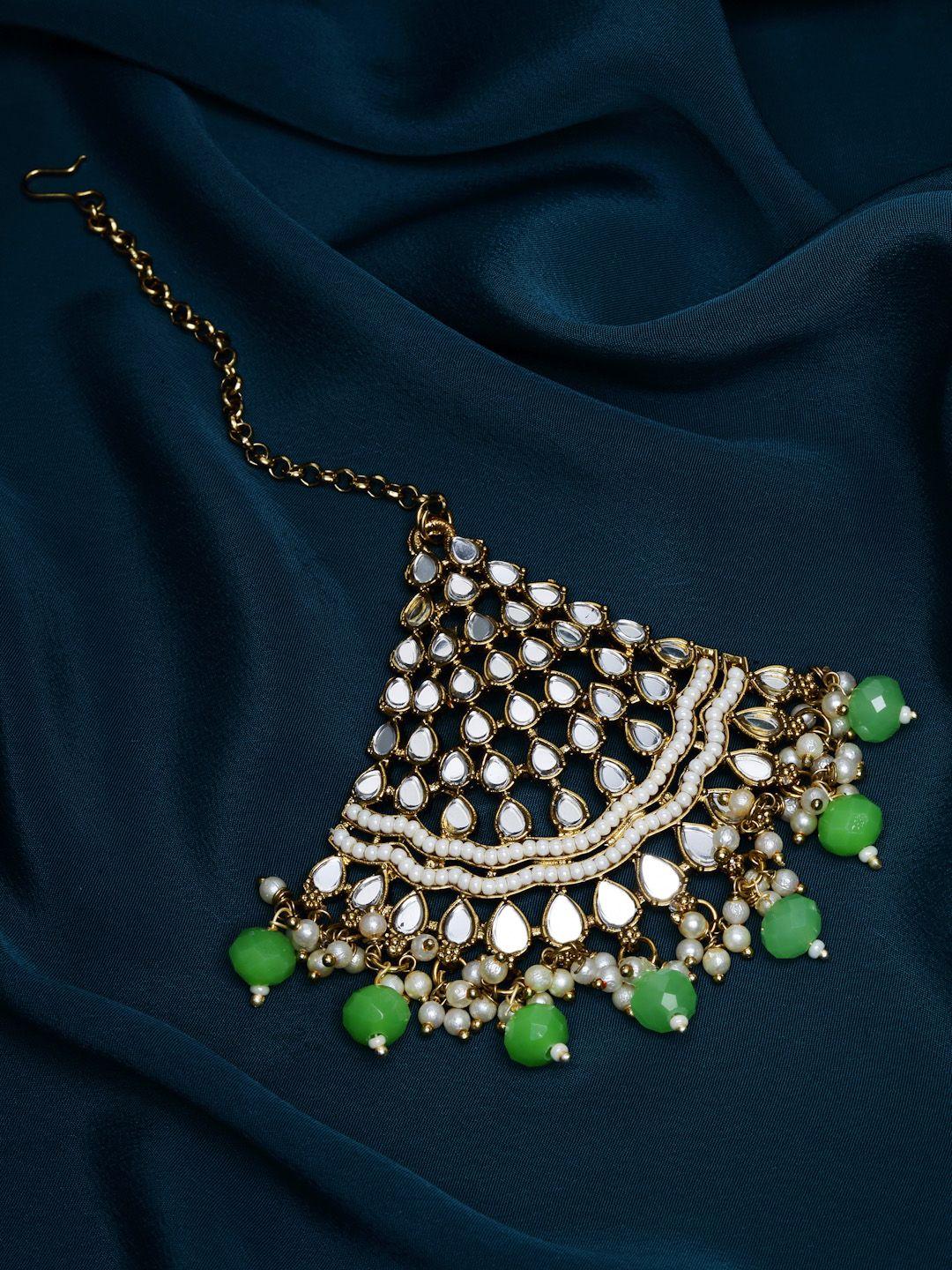 panash gold-plated white & green mirror work & pearl beaded maang tikka