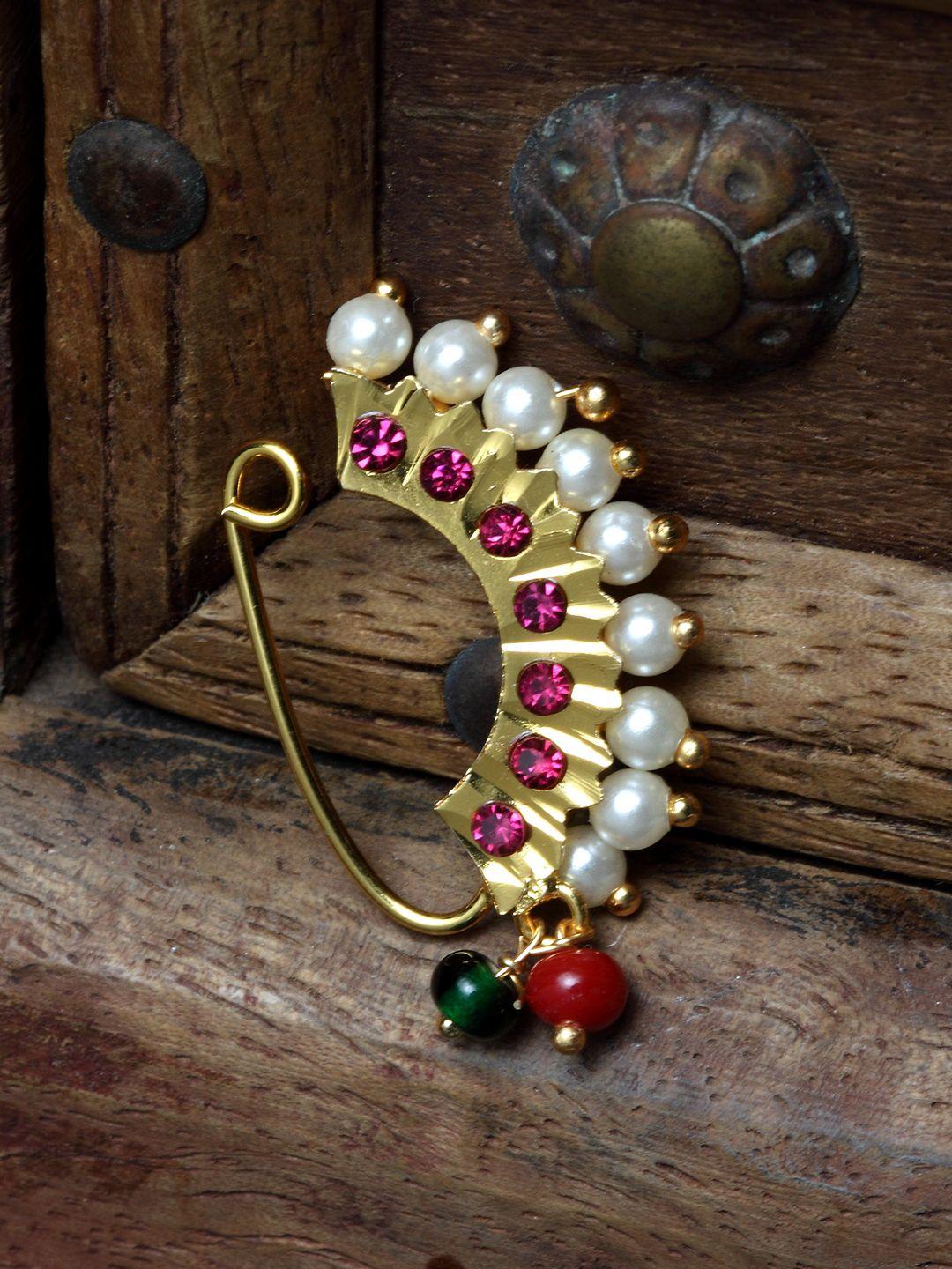 panash gold-plated white & pink cz-studded pearl beaded nose pin