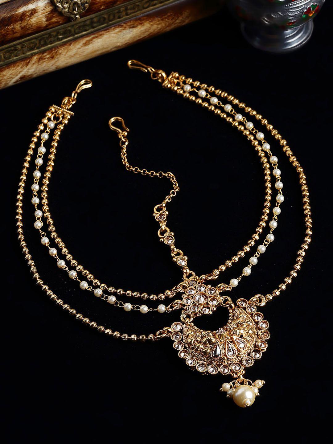 panash gold-plated white stones-studded & beaded  headchain head jewellery