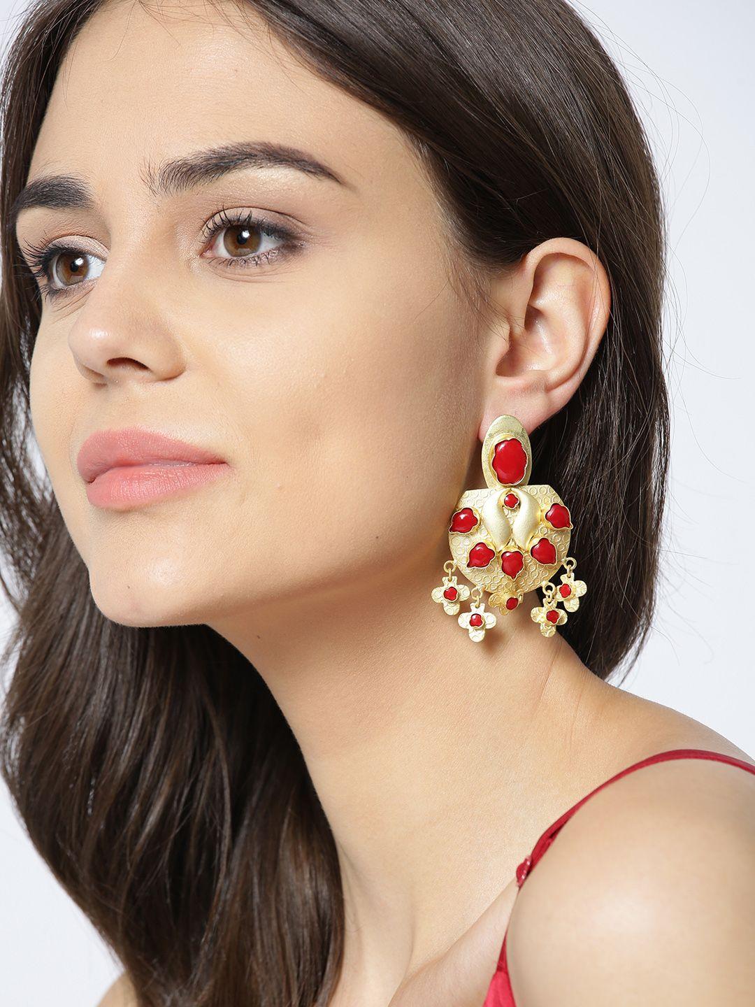 panash gold-toned & maroon gold-plated stone-studded handcrafted classic drop earrings