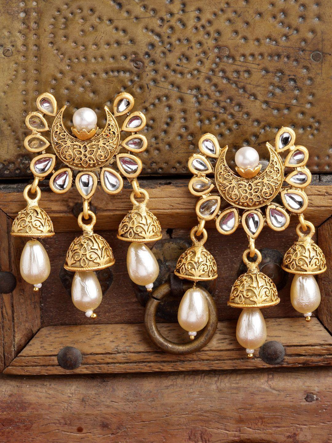 panash gold-toned & off white crescent shaped jhumkas earrings