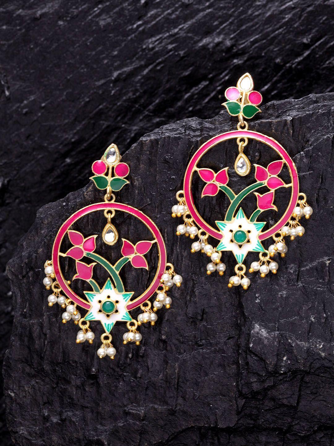 panash gold-toned & pink  enamelled floral drop earrings