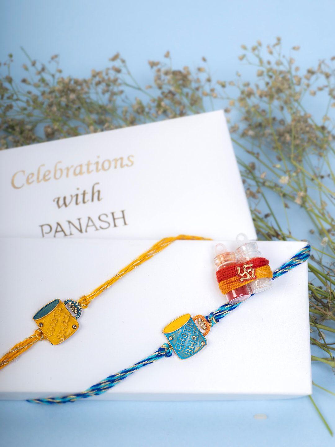 panash kids set of 2 gold-plated cup-shaped thread rakhi with roli chawal