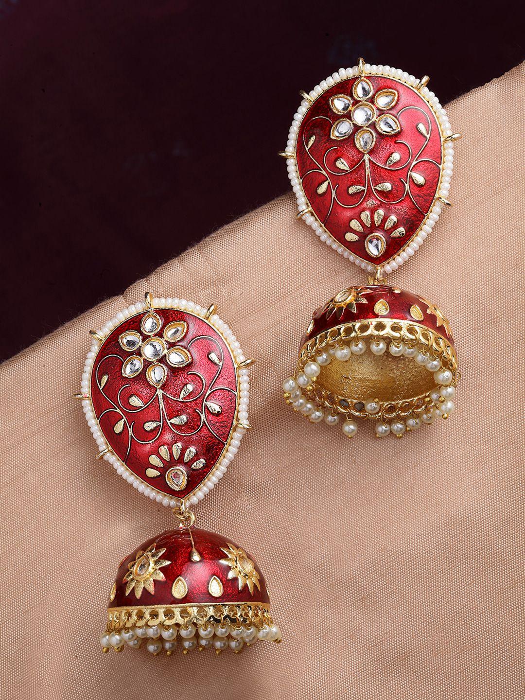 panash maroon & gold-plated dome shaped kundan stone jhumkas earrings