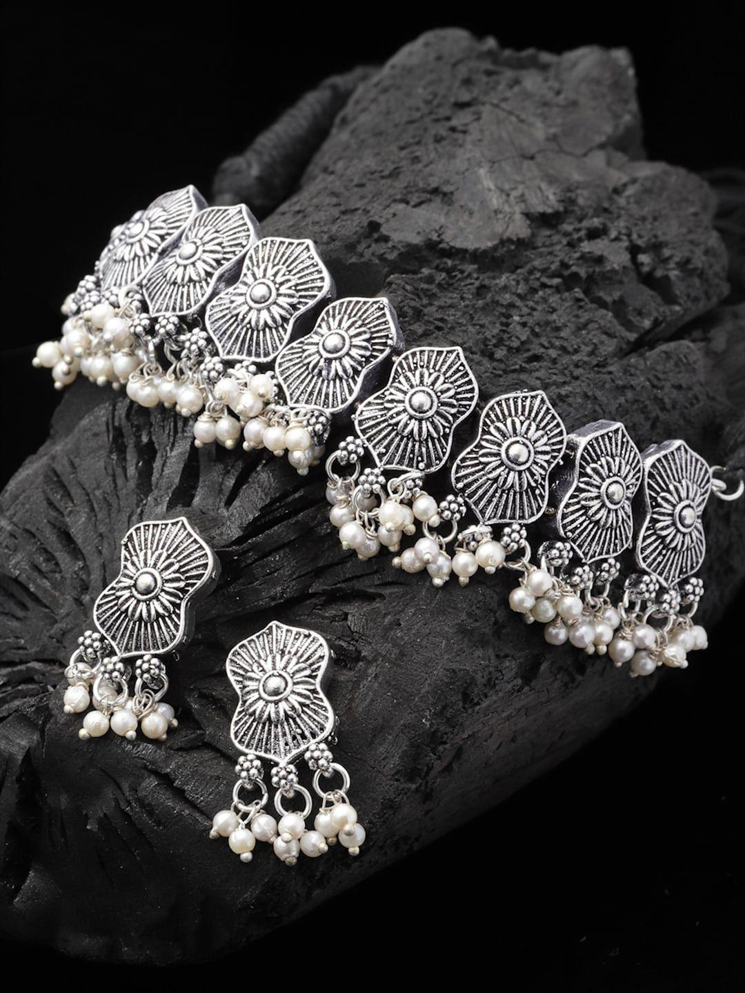 panash oxidised silver-plated pearl-beaded jewellery set
