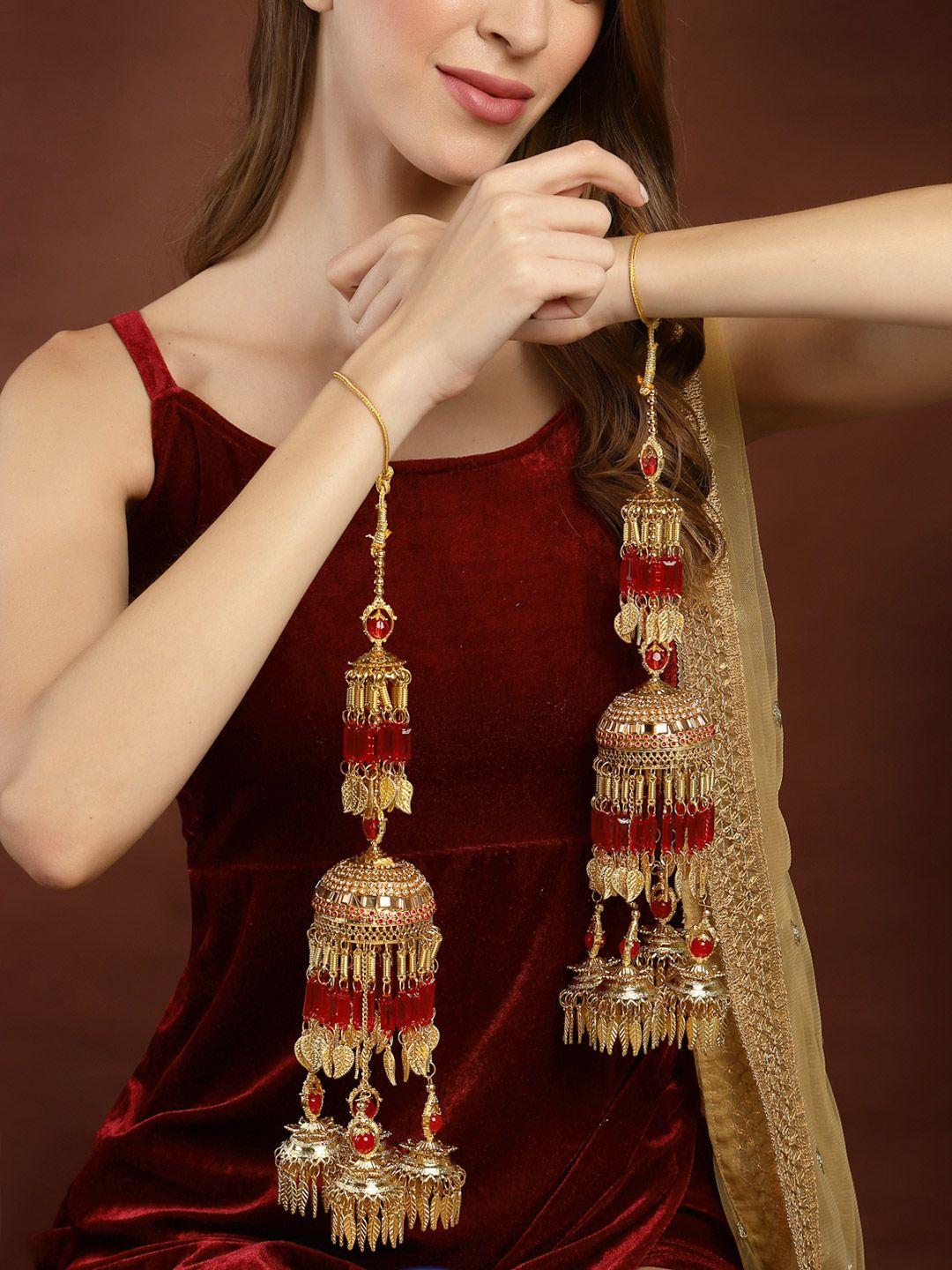 panash pak of 2 gold-plated & white stone studded & red beaded bridal layered kaleeras