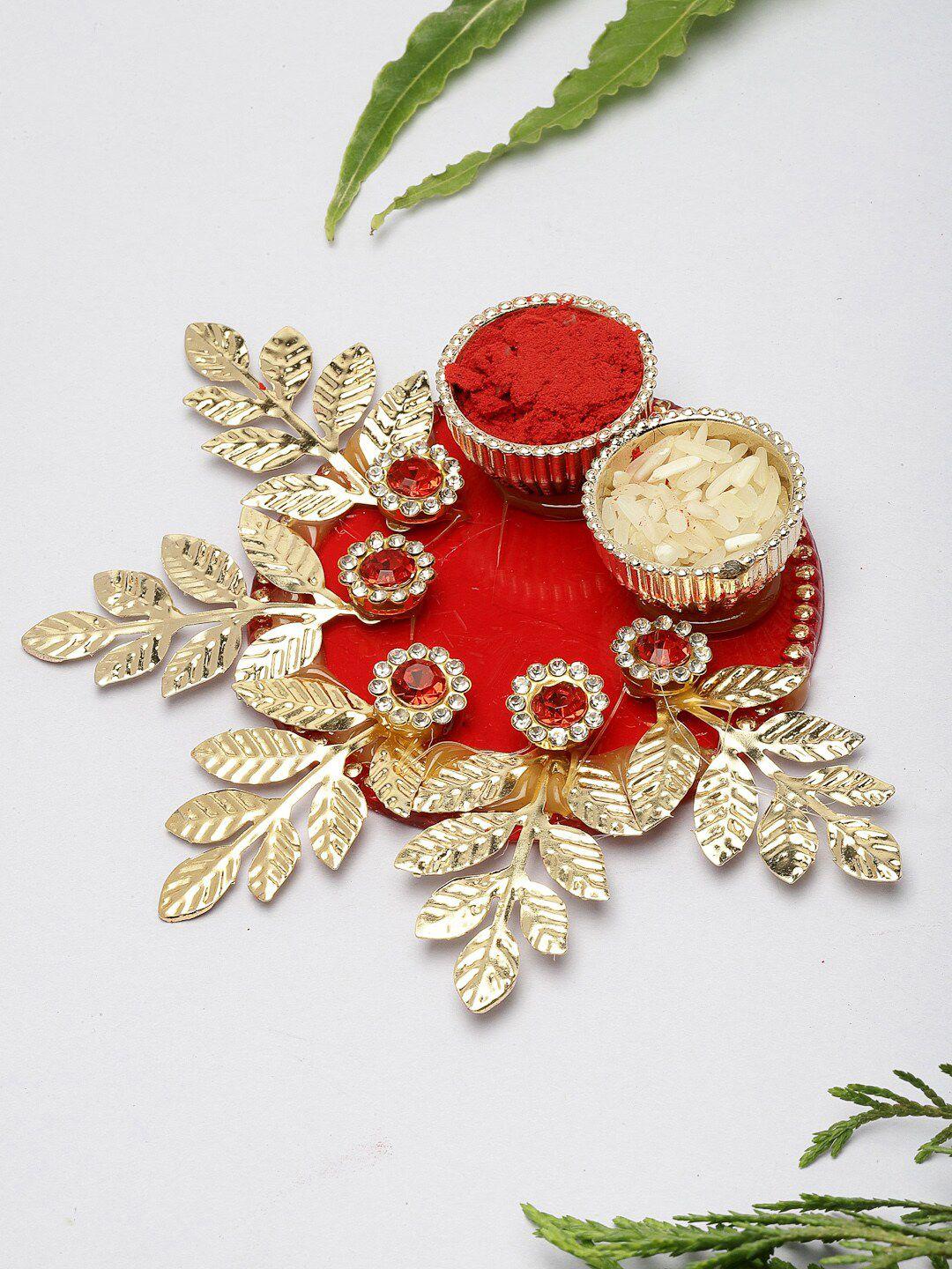 panash red & gold-tones stone-studded rakhi plate