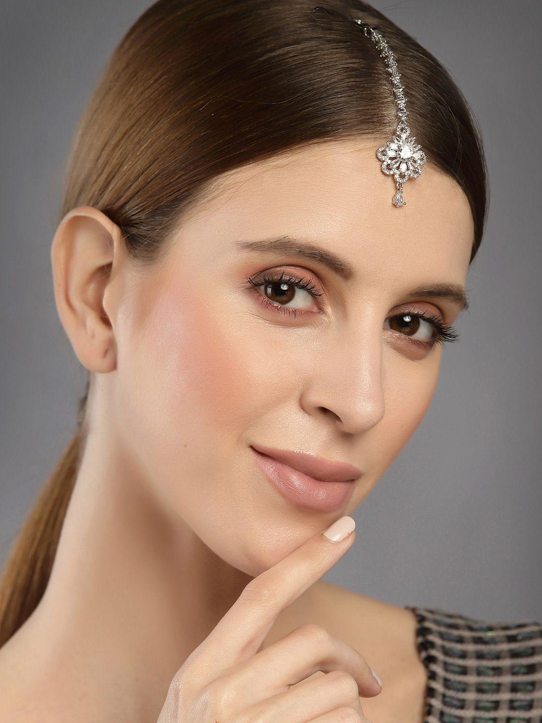 panash rhodium-plated silver-toned & white ad-studded maangtika