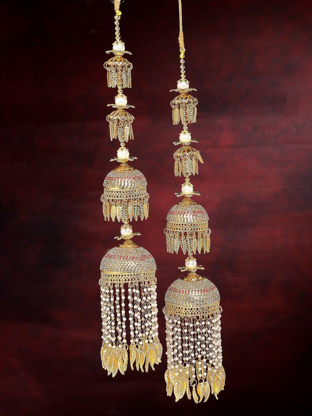 panash set of 2 gold plated & red cz-studded & pearls beaded bridal layered kaleeras