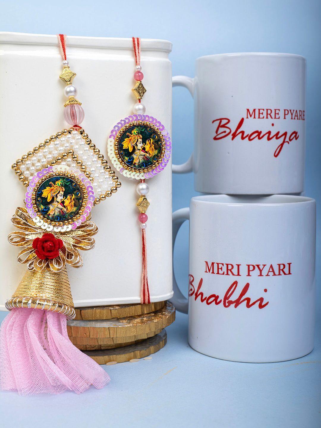 panash set of 2 gold plated beaded & sequinned rakhis with 2 mugs