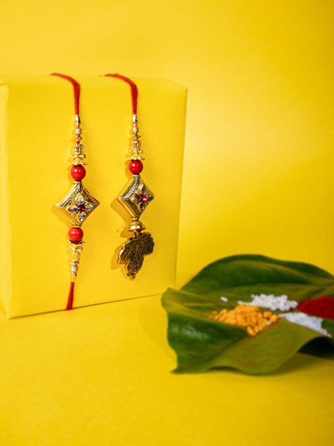 panash set of 2 gold-plated kundan embellished bhaiya bhabhi rakhi with roli chawal