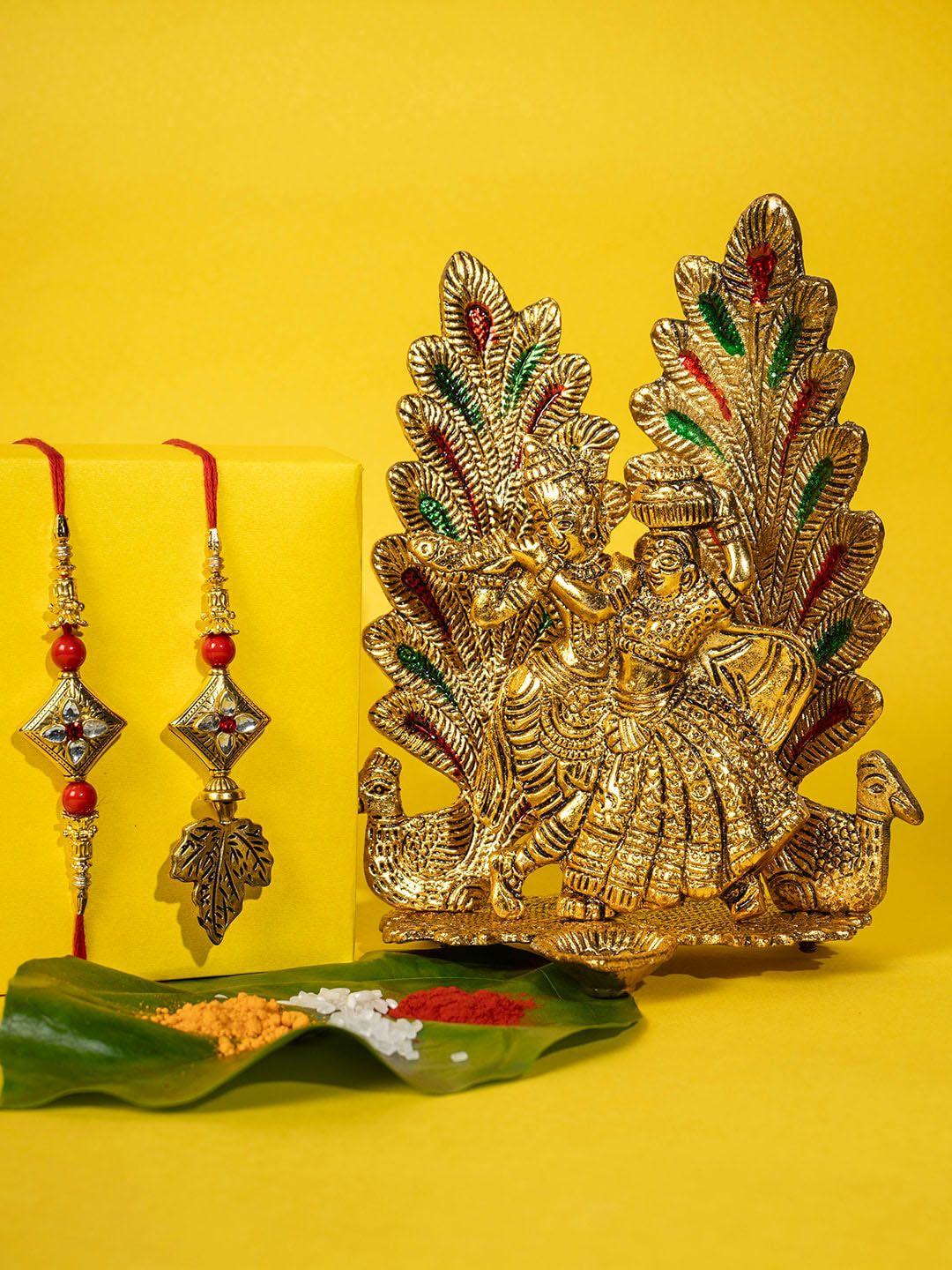 panash set of 2 gold-plated kundan-studded rakhi with radha krishna & roli chawal