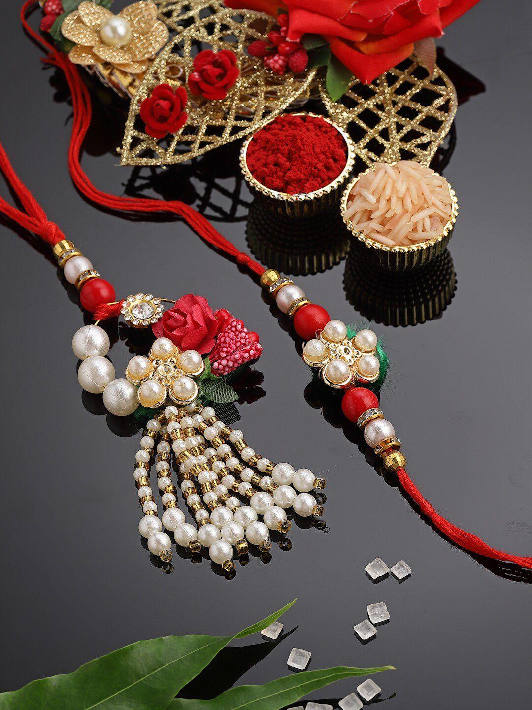 panash set of 2 gold-plated pearl embellished bhaiya bhabhi rakhi with roli chawal