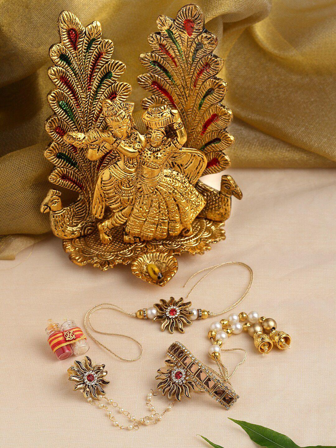 panash set of 2 gold-plated stone-studded rakhi with roli chawal & radha krishna gift set