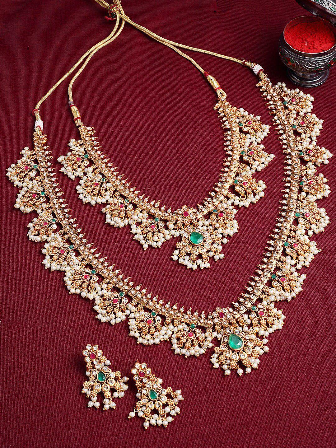 panash set of 2 gold-plated stones studded & beaded necklace and earrings