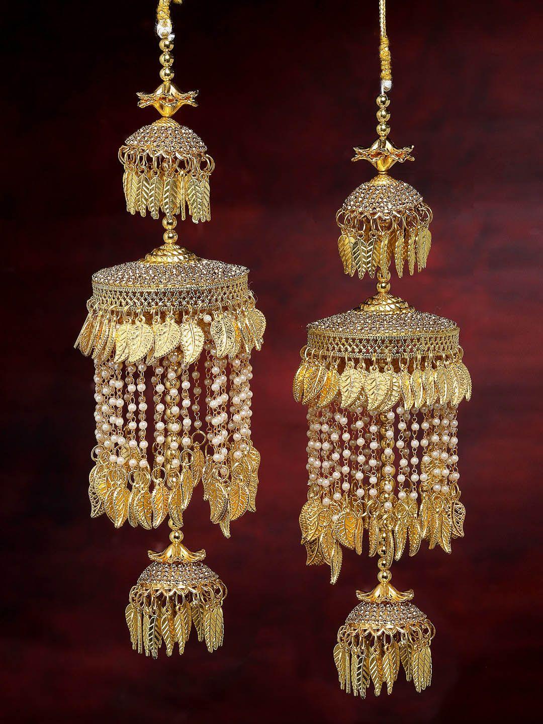panash set of 2 gold-plated white cz stone-studded & beads heavy bridal kaleeras