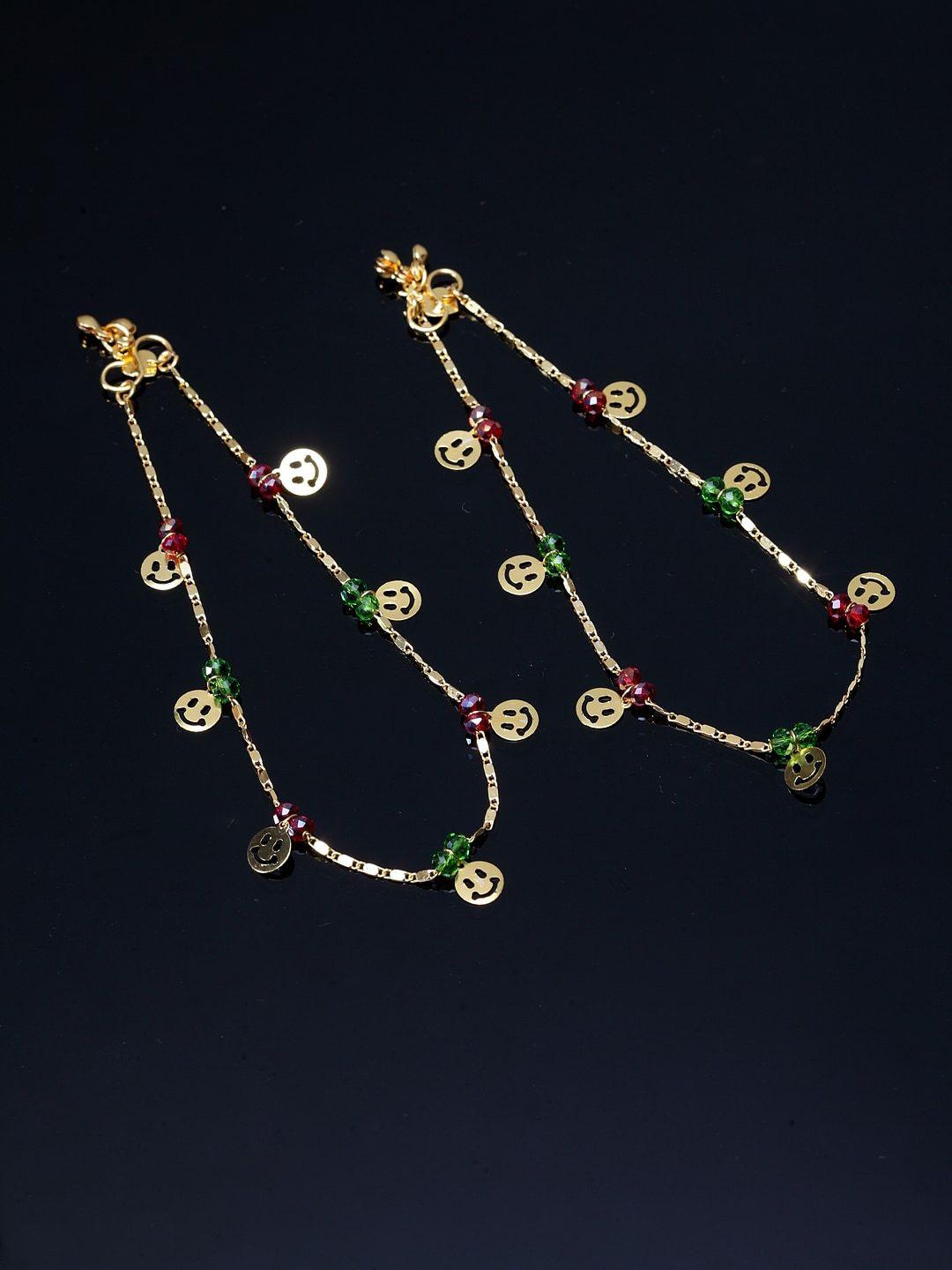 panash set of 2 green & red gold-plated beaded handcrafted anklets