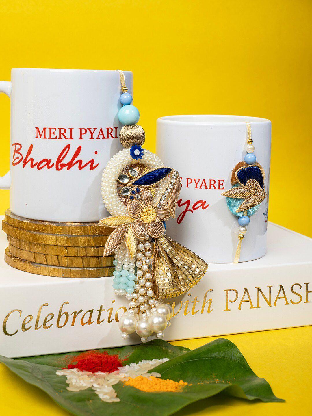 panash set of 2 stone-studded & pearl-beaded rakhis with mug & roli chawal