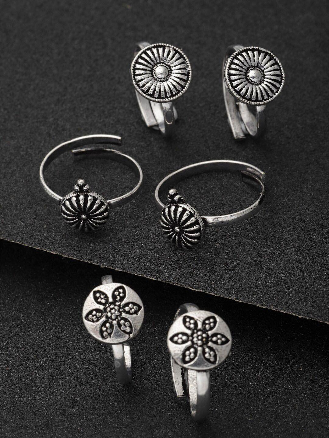 panash set of 3 pair oxidised silver toned adjustable toe rings