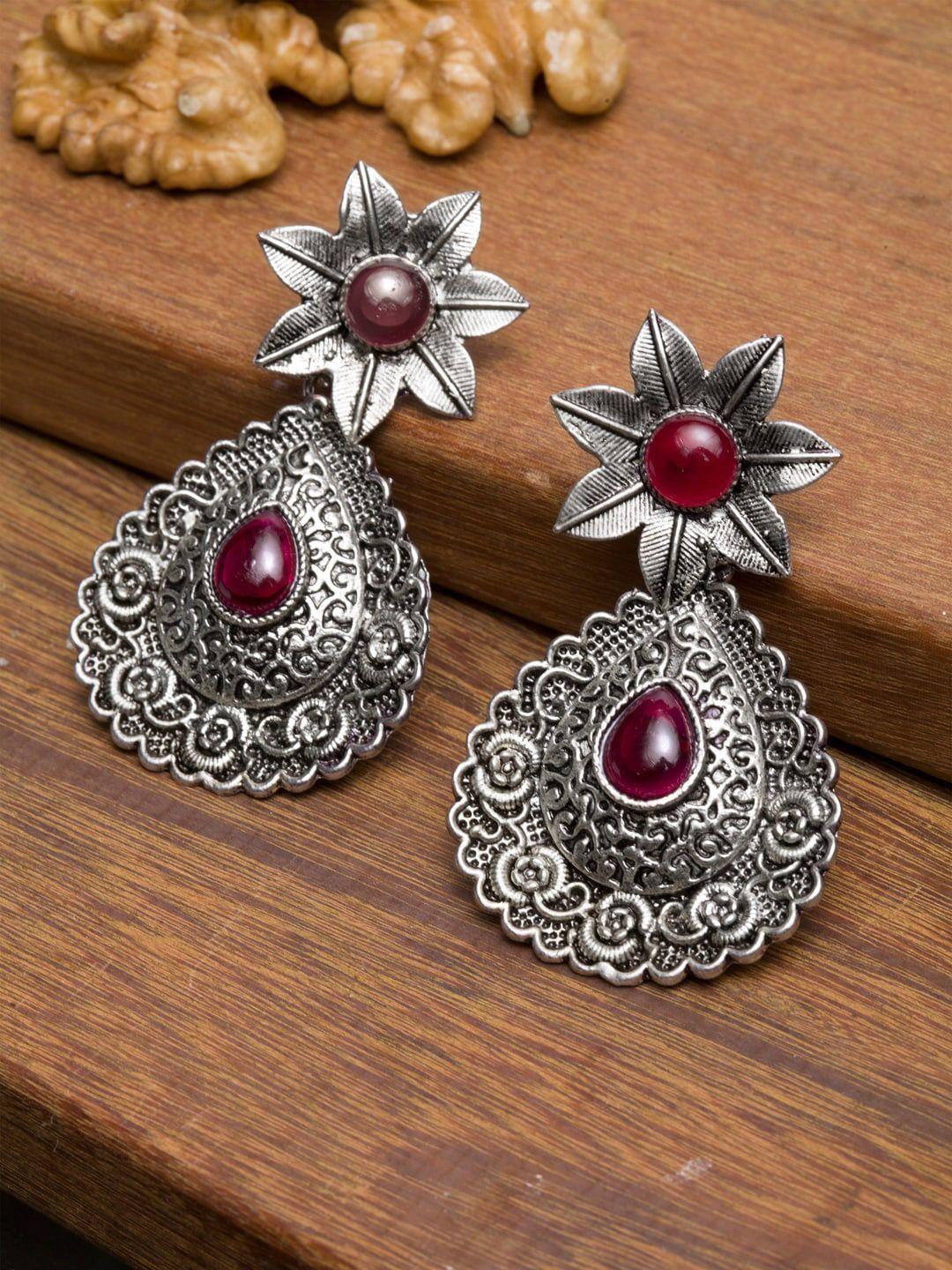 panash silver-plated & maroon teardrop shaped drop earrings