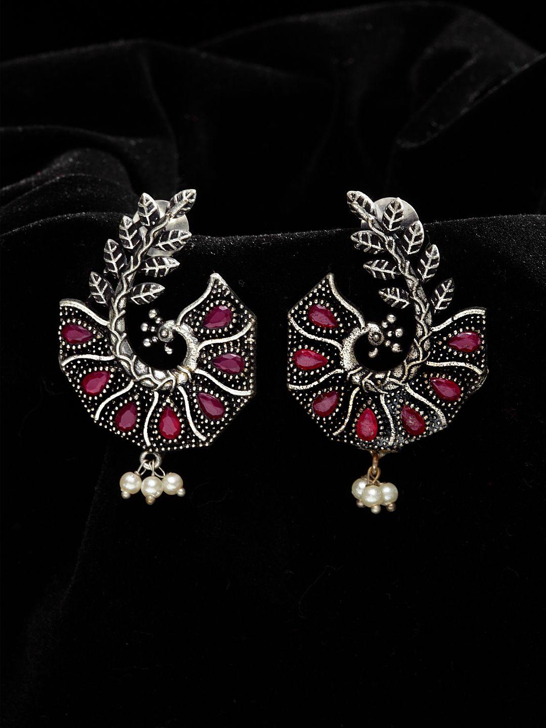 panash silver-plated & pink peacock shaped drop earrings