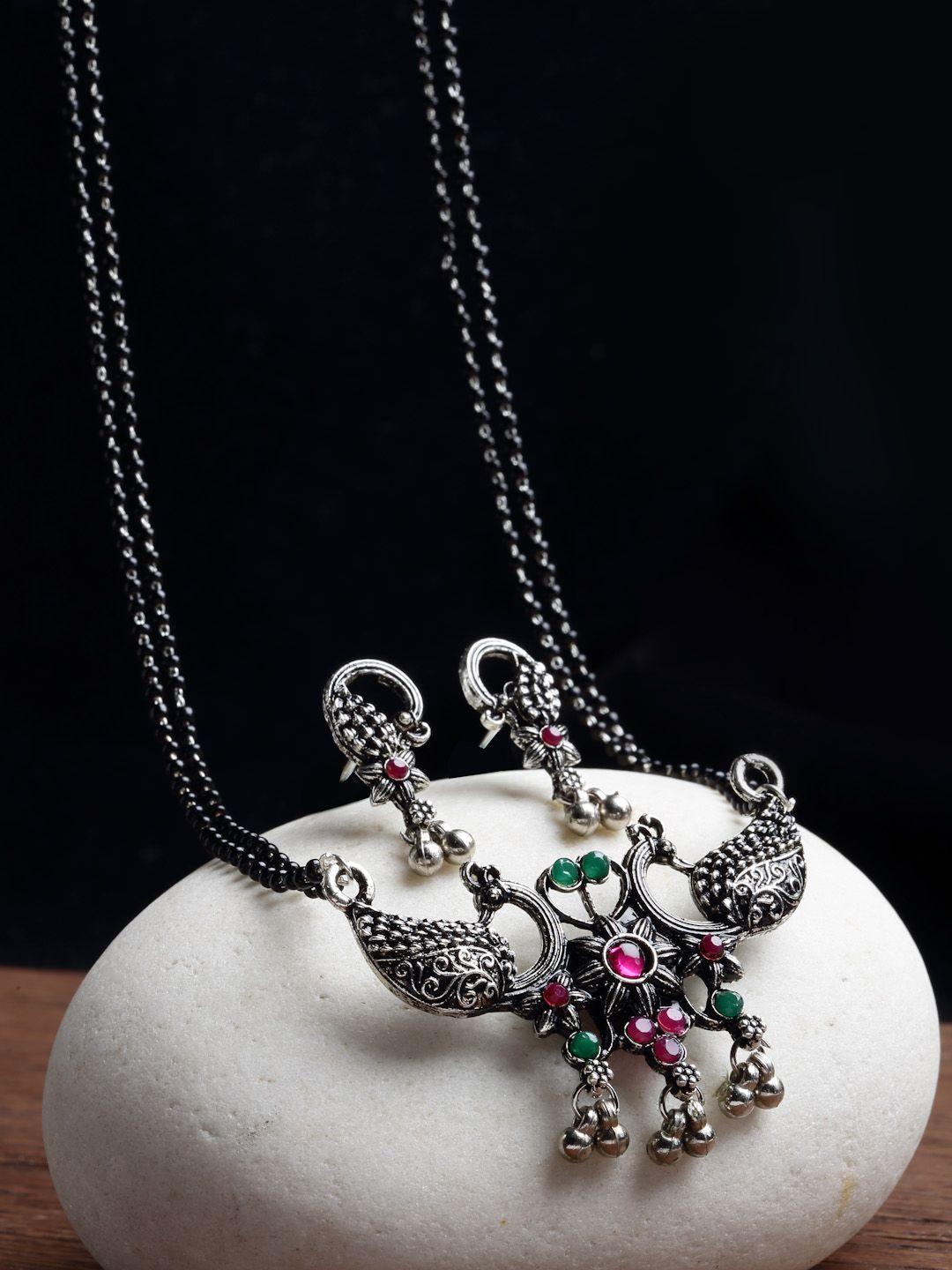 panash silver-plated green & pink stone studded peacock shaped  mangalsutra set