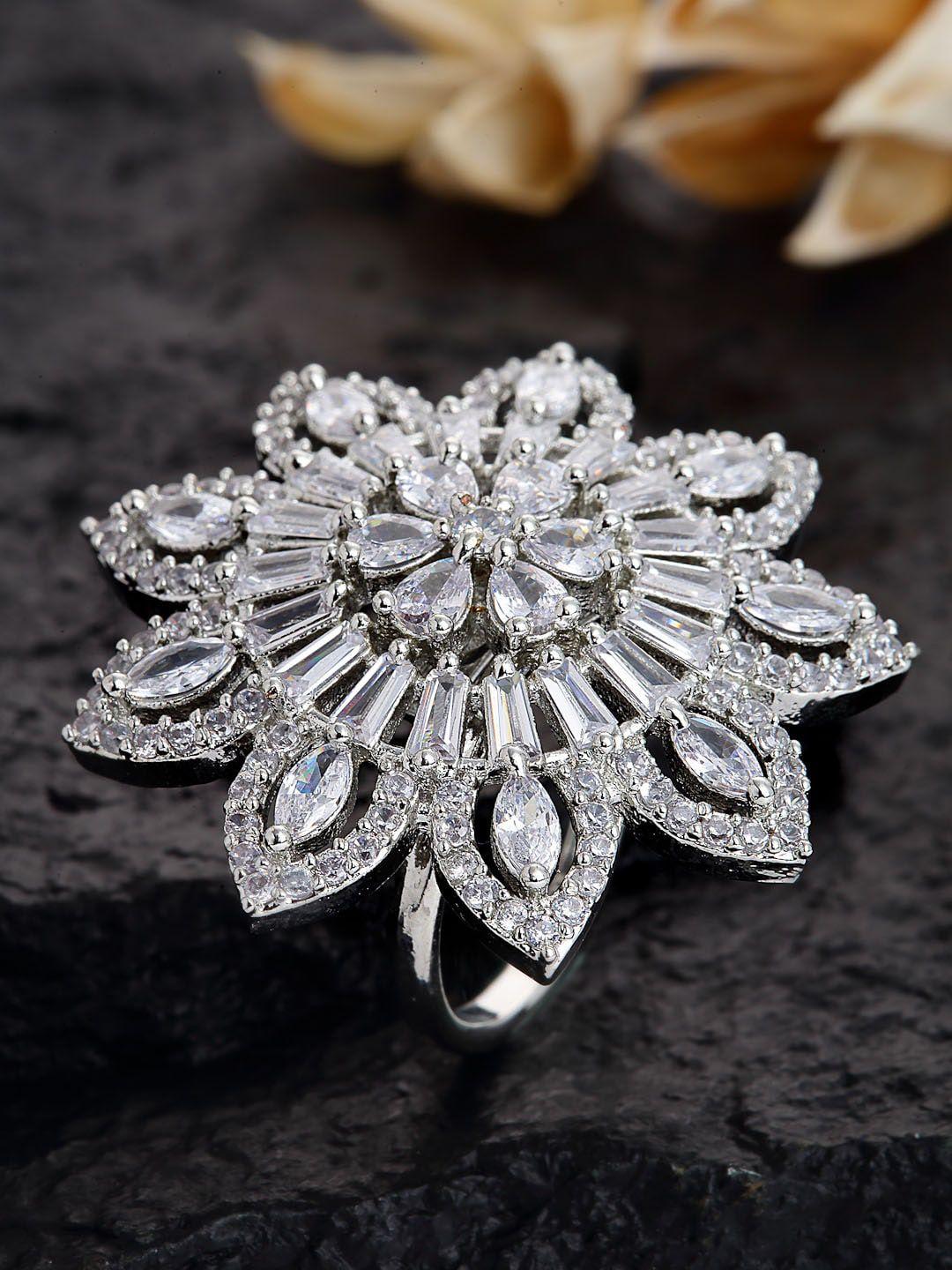 panash silver-plated white ad-studded finger ring