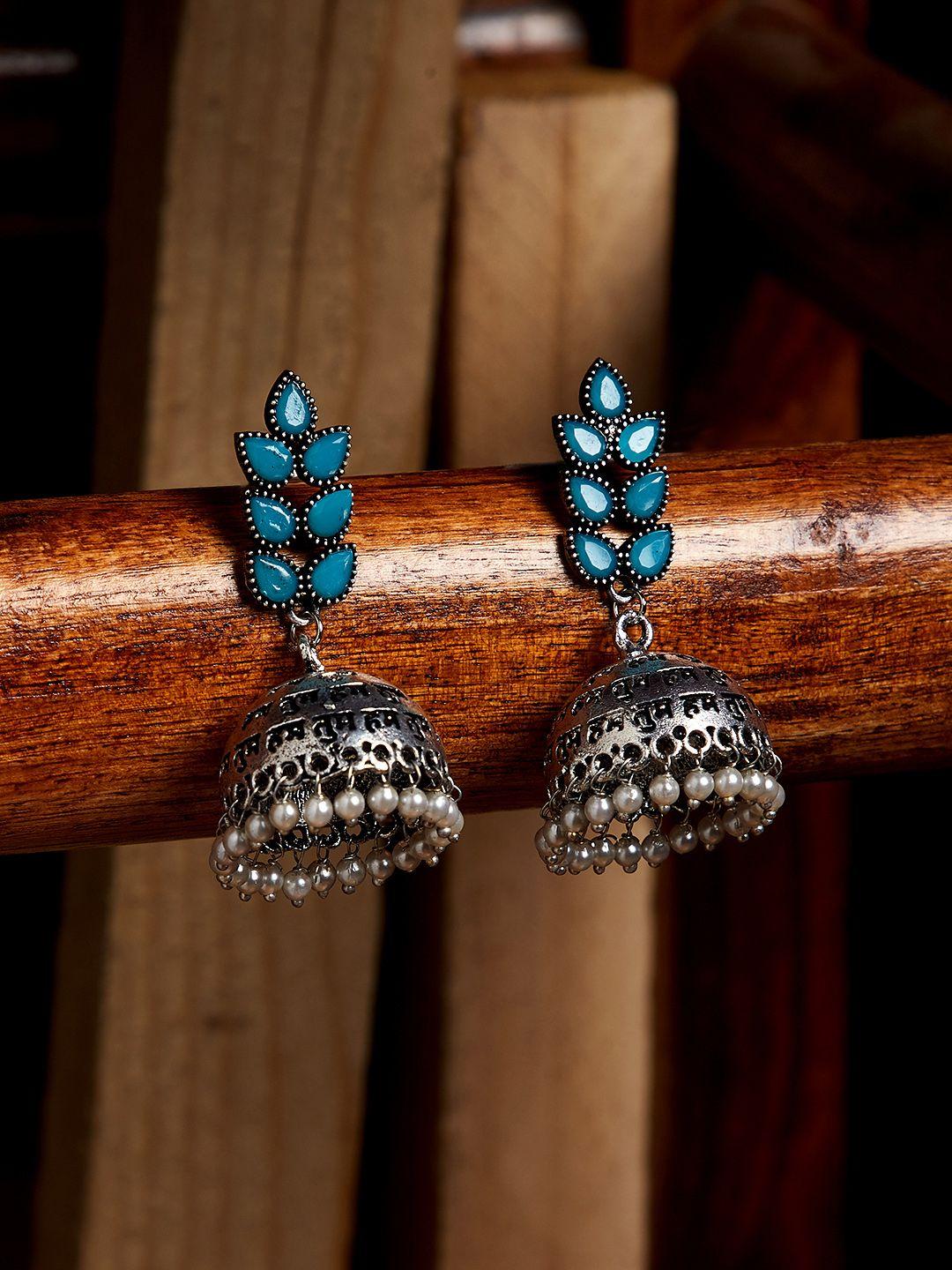 panash silver-toned & blue contemporary jhumkas