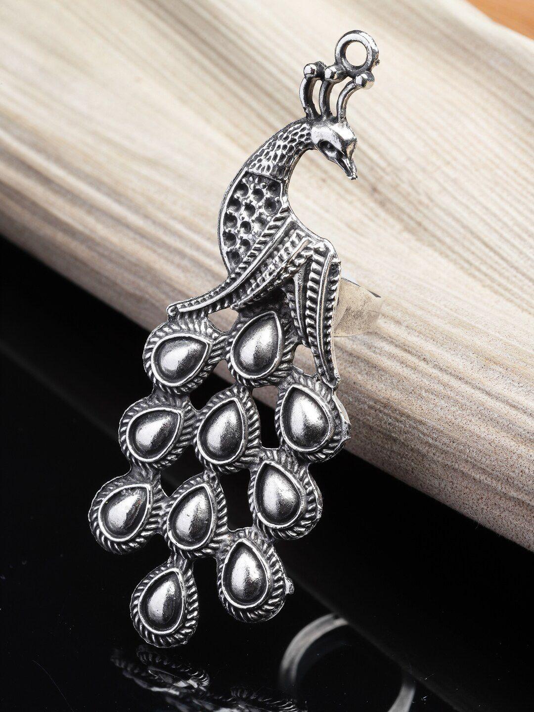 panash silver-toned oxidised peacock shaped adjustable finger ring