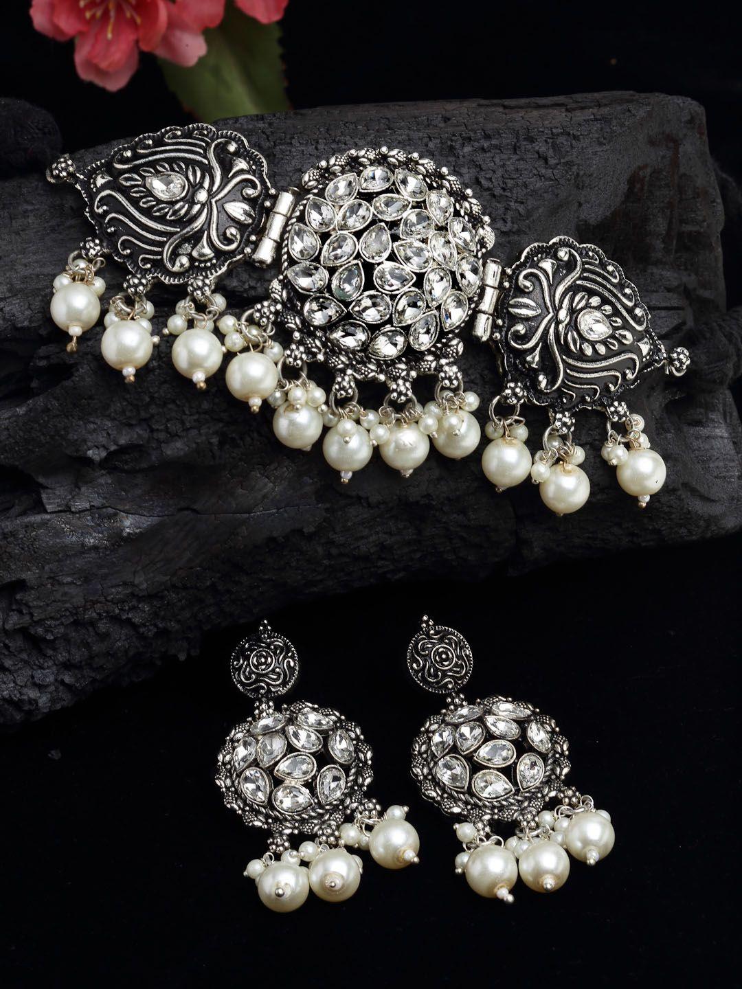 panash silver-toned white stone studded choker jewellery set