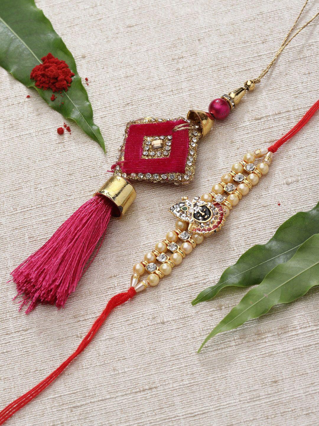 panash unisex gold coloured & white stone studded & beaded  rakhi with lumba