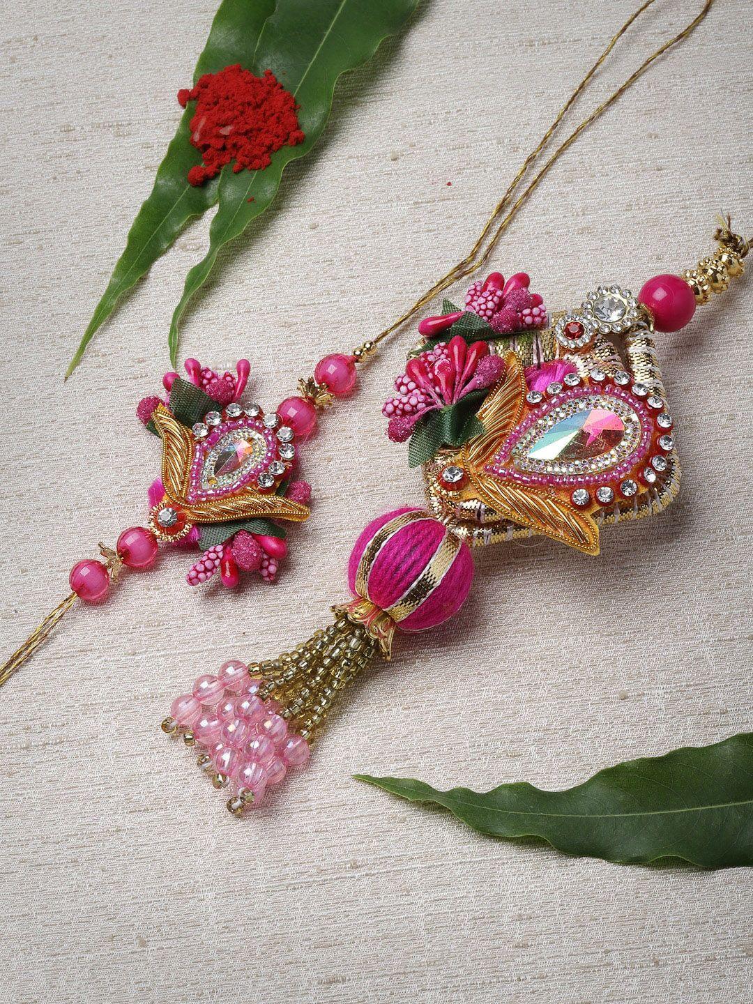 panash unisex pink coloured & white stone studded & beaded rakhi with lumba