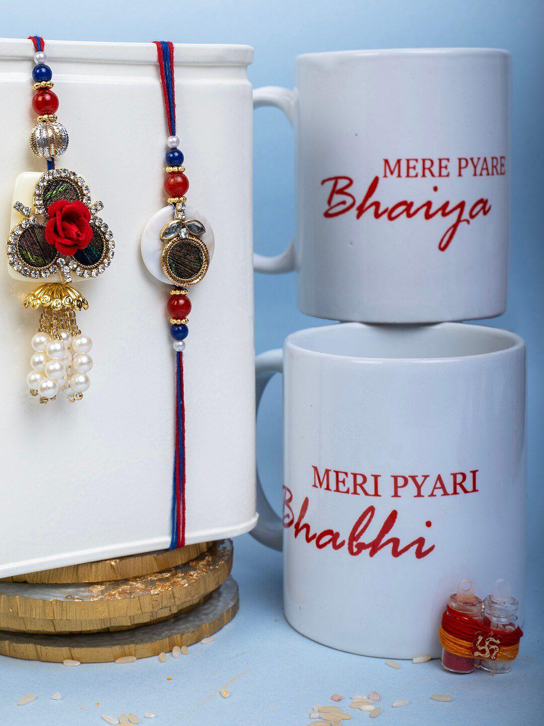 panash unisex set of 2 gold-plated embellished rakhi with mugs roli chawal gift set