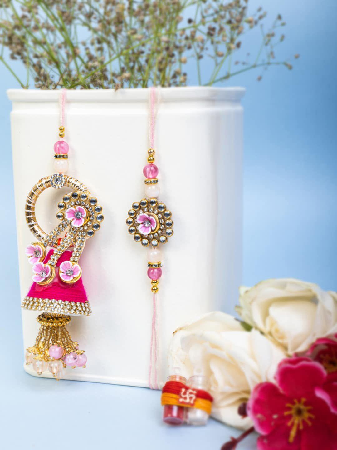 panash unisex set of 2 gold-plated floral bhaiya bhabhi embellished rakhi with roli chawal