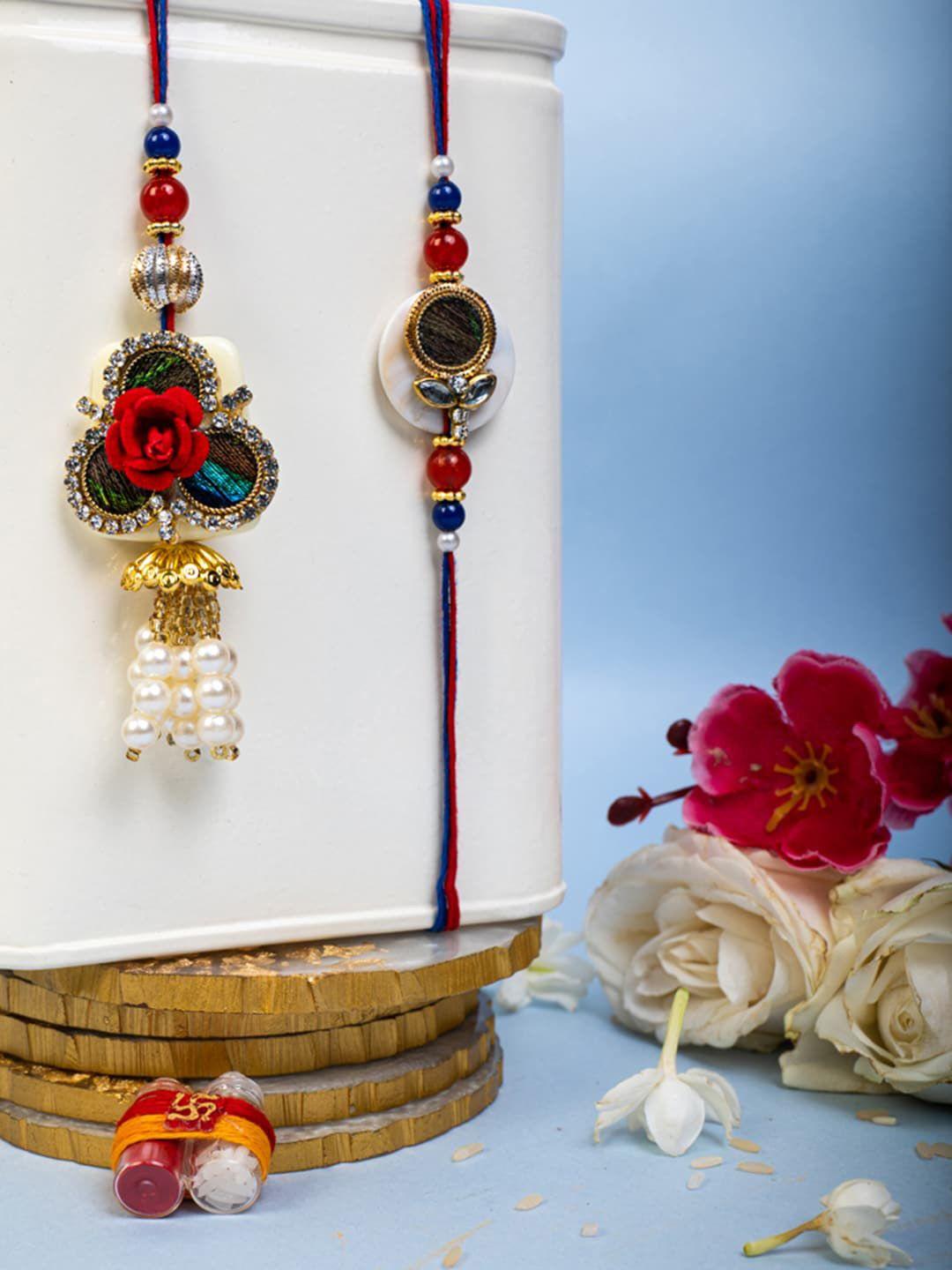 panash unisex set of 2 gold-plated floral bhaiya bhabhi rakhi gift set