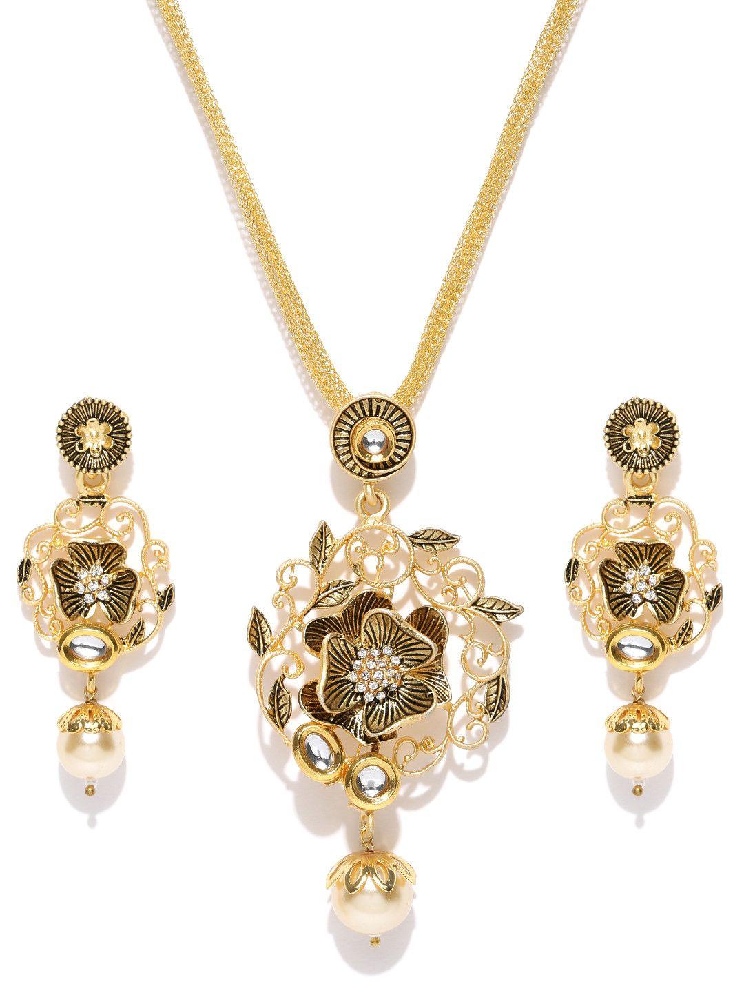 panash women gold-plated & white floral-shaped kundan-studded jewellery set