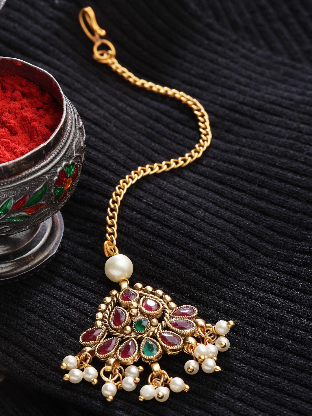 panash women gold-plated white & red kundan-studded & pearl beaded maang tikka
