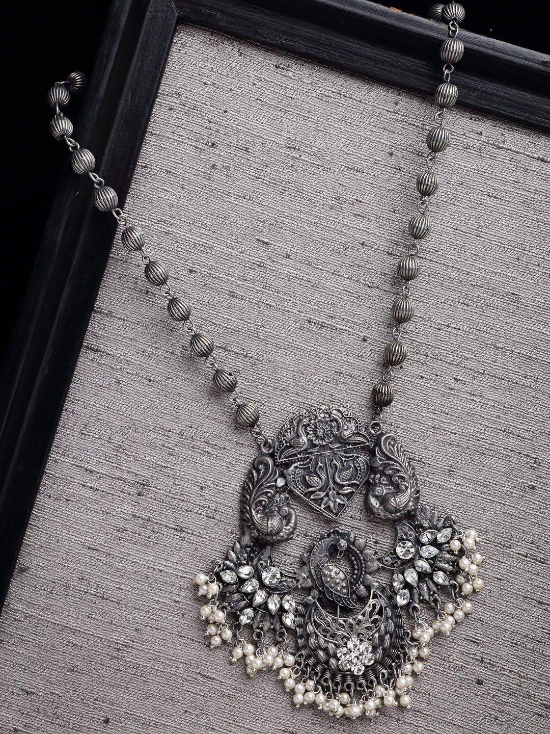 panash women silver-toned kundan & beads peacock shaped oxidized necklace