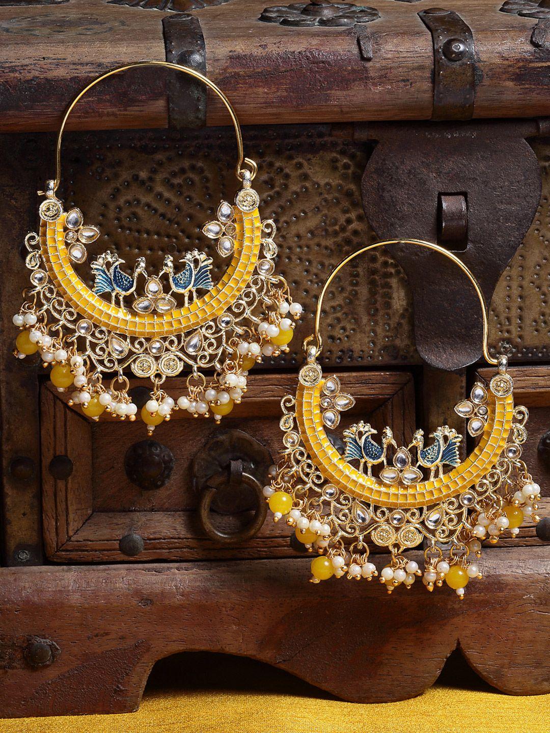 panash yellow & gold-plated kundan crescent shaped hoop earrings