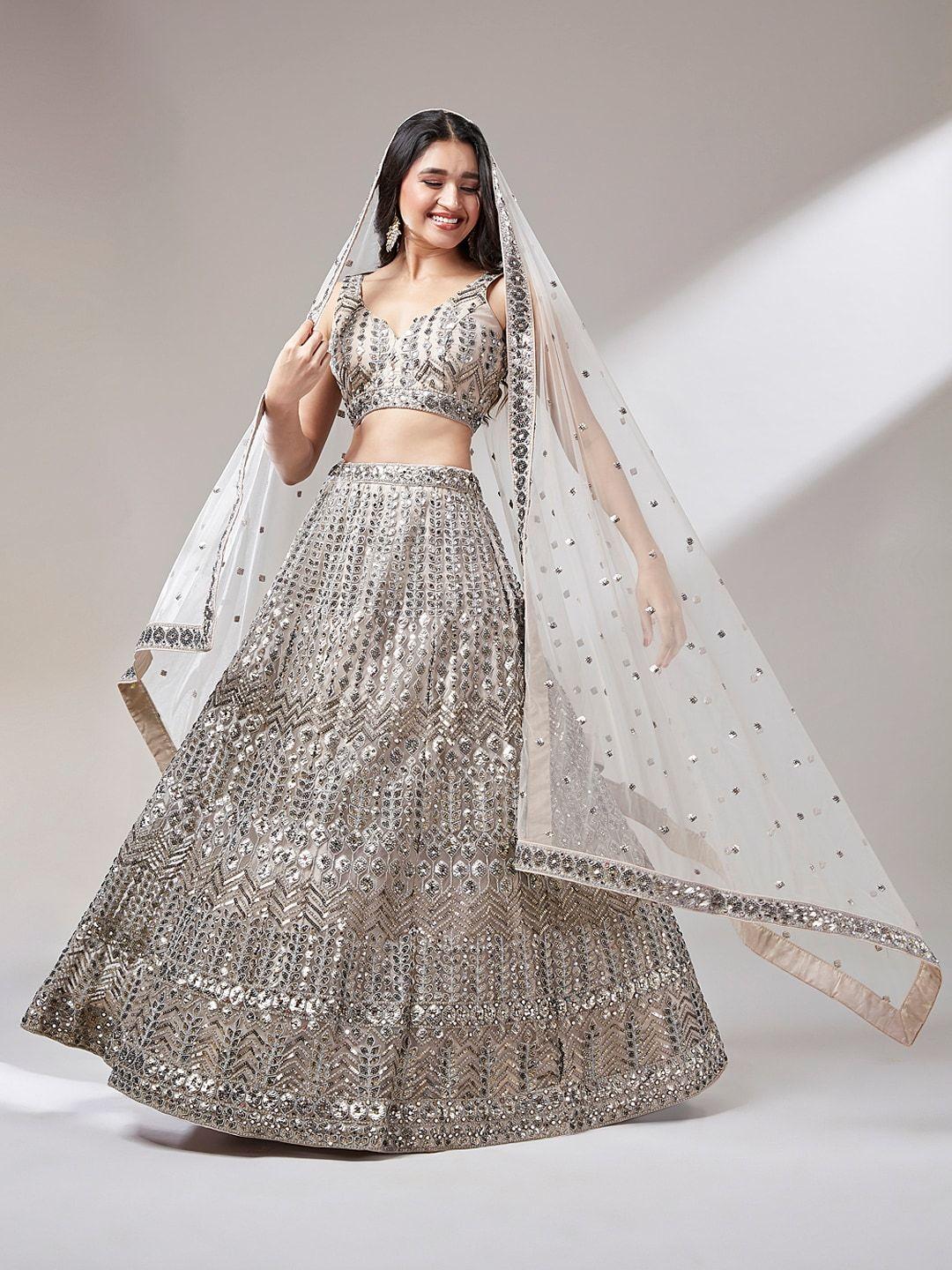 panchhi beige embroidered sequinned semi-stitched lehenga & unstitched blouse with dupatta