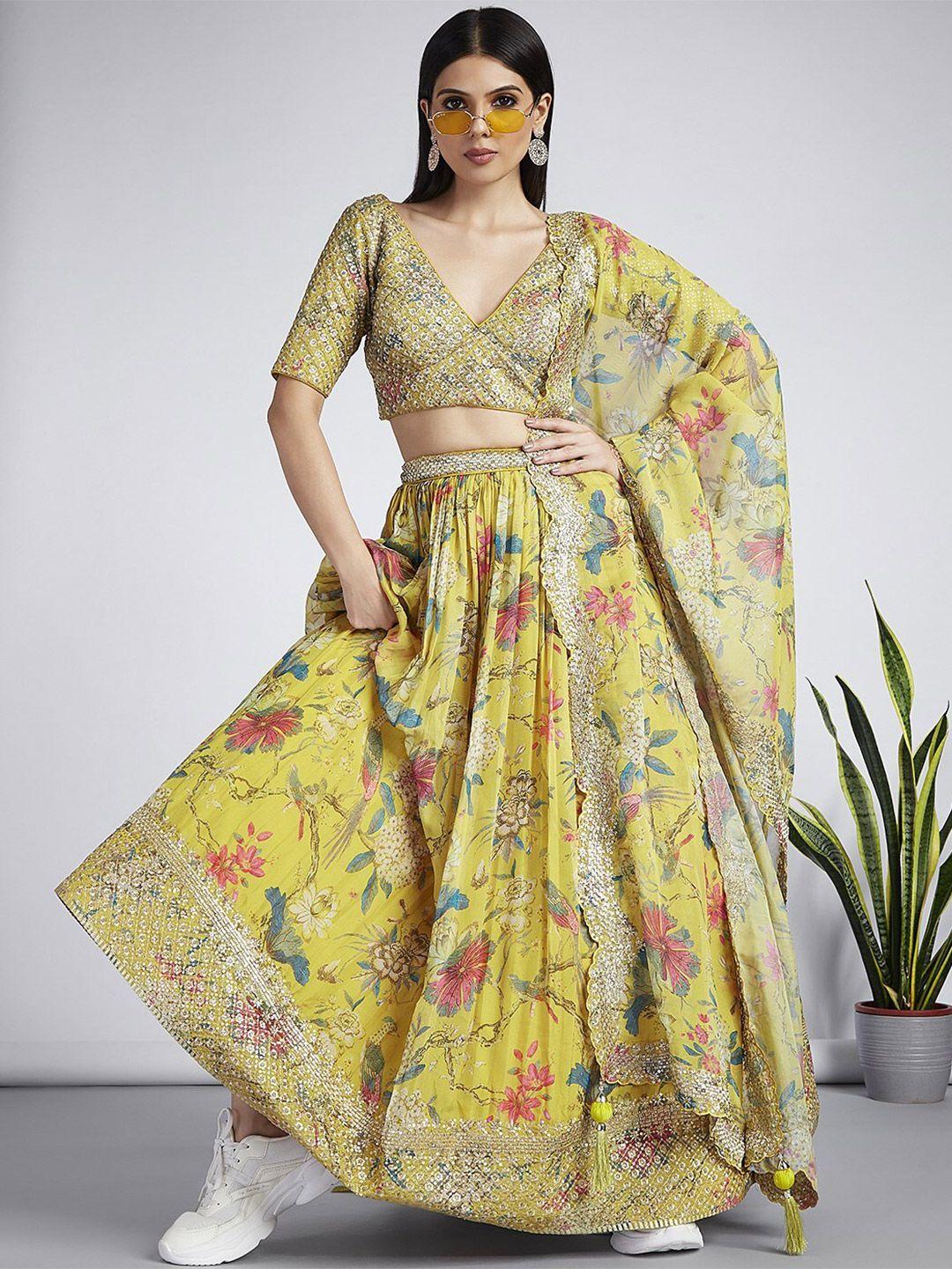 panchhi floral printed organza semi-stitched lehenga & unstitched blouse with dupatta