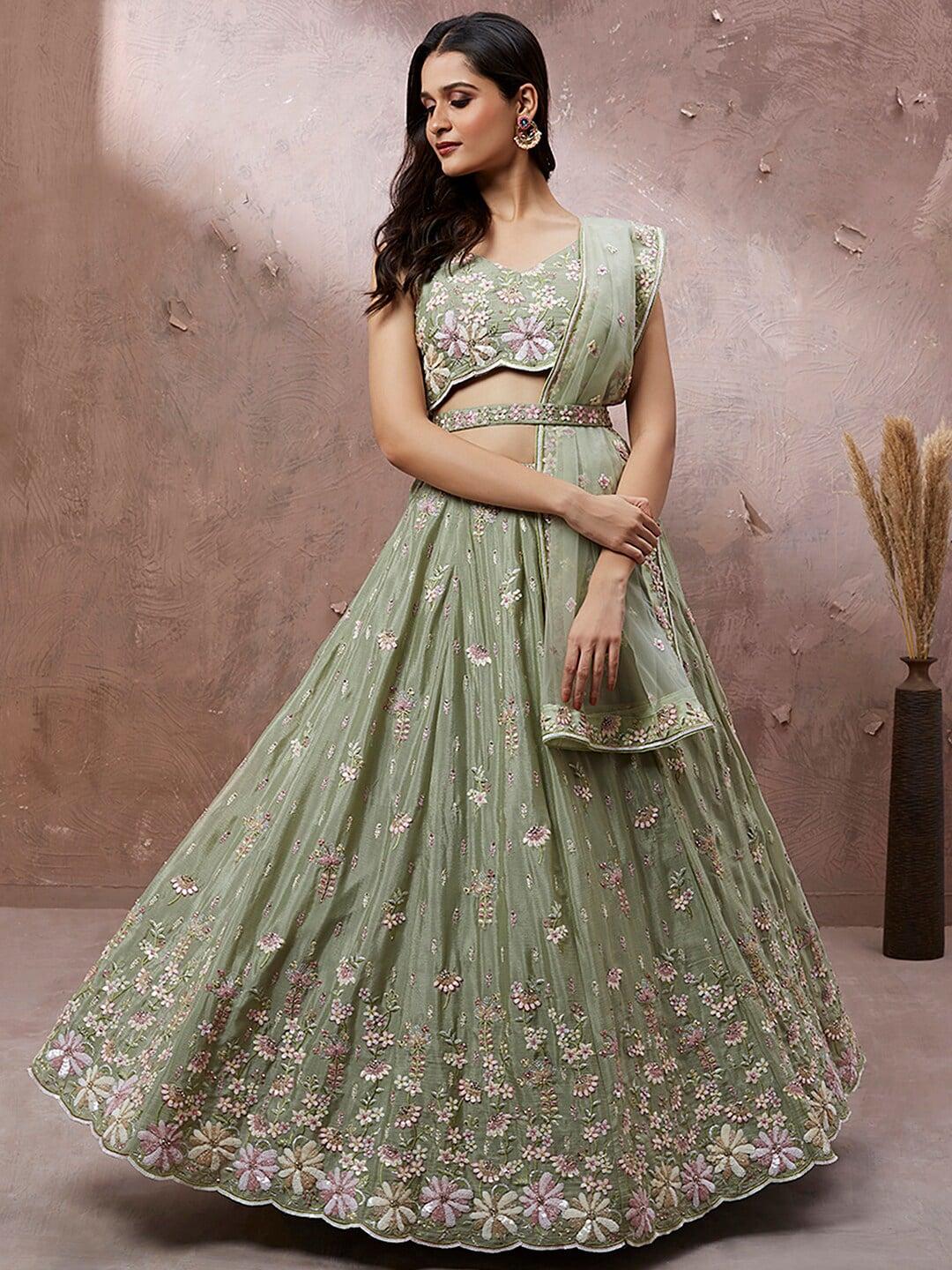 panchhi lime green & pink embroidered sequinned semi-stitched lehenga & unstitched blouse with dupatta