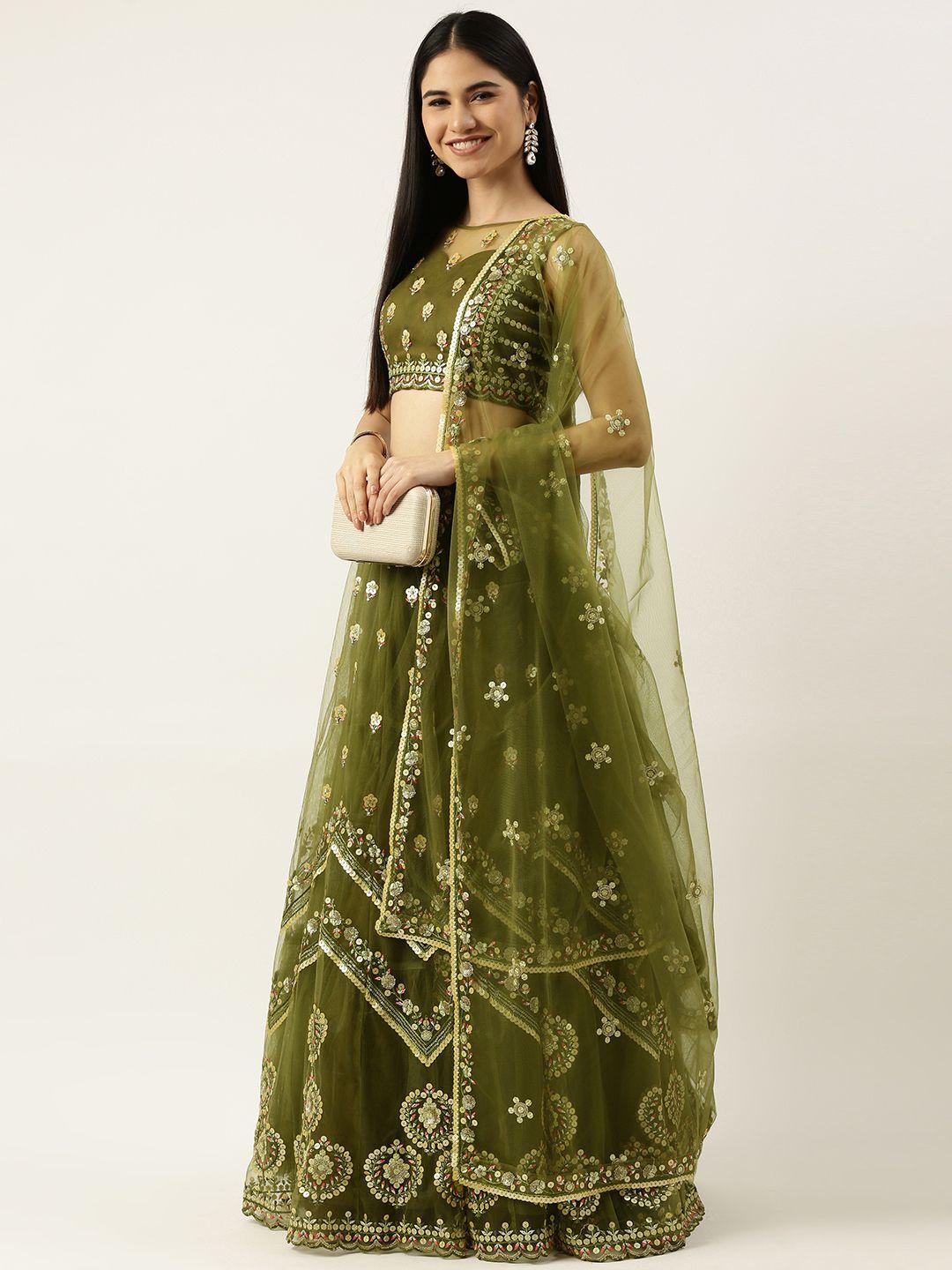 panchhi olive green embellished sequinned semi-stitched lehenga & unstitched blouse with dupatta