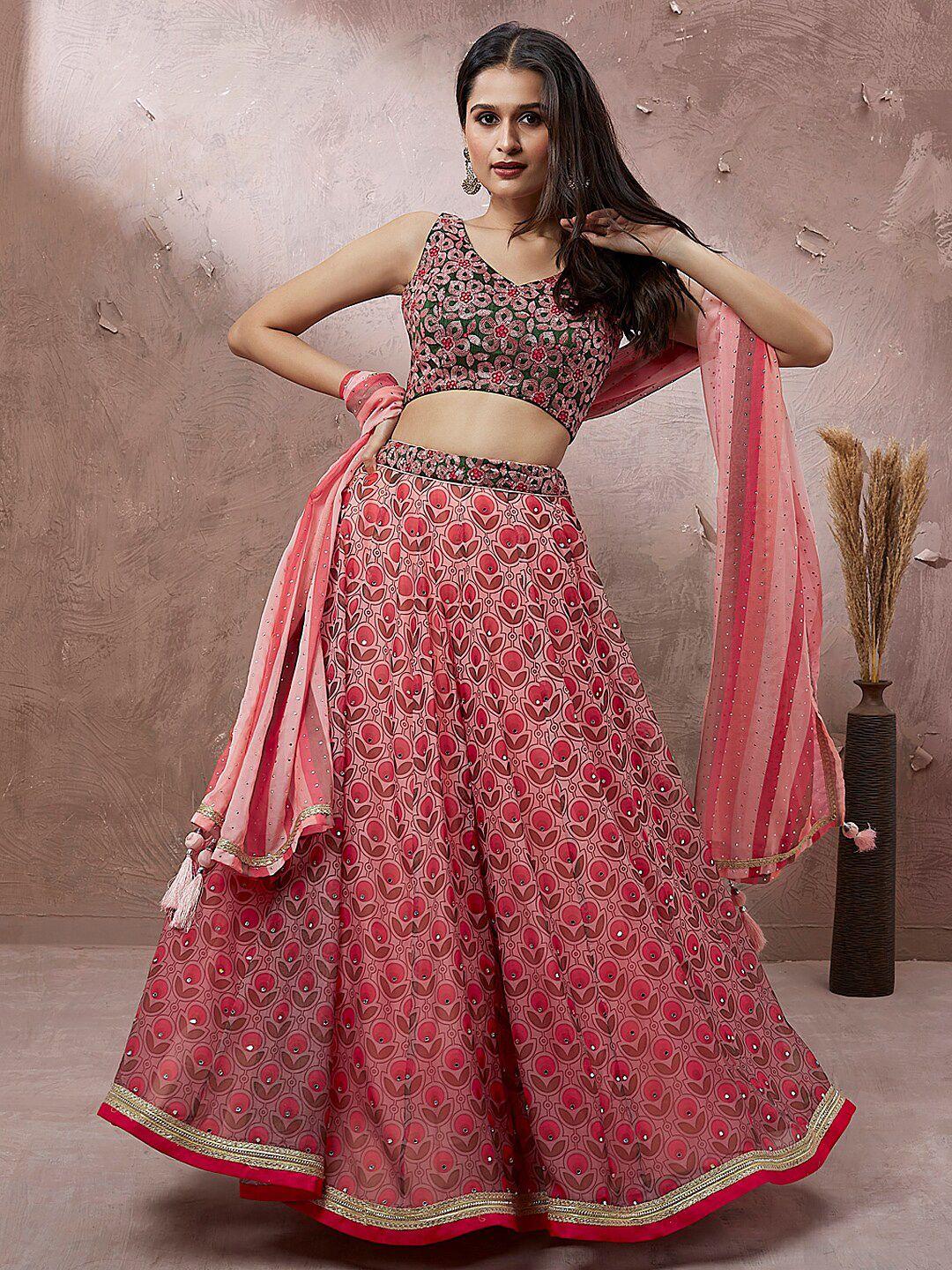panchhi red & green embroidered semi-stitched lehenga & unstitched blouse with dupatta