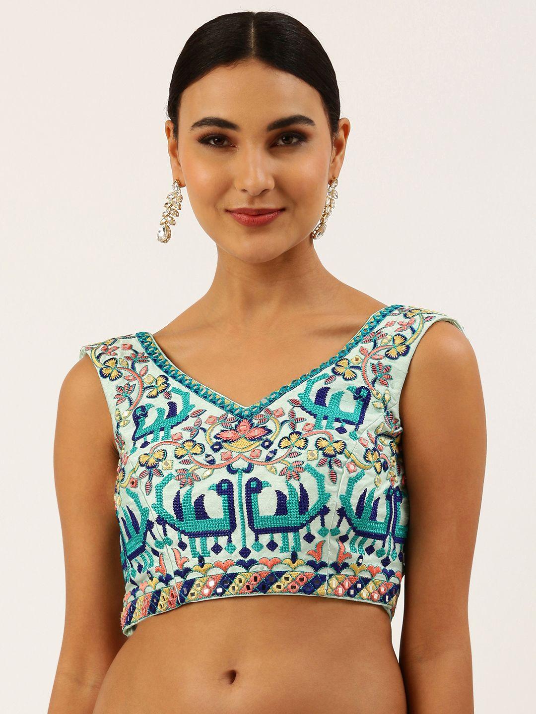 panchhi turquoise blue embellished readymade blouse