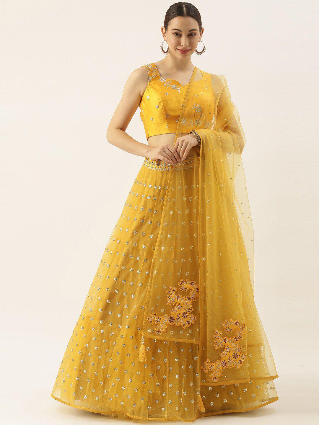 panchhi yellow embellished semi-stitched lehenga & unstitched blouse with dupatta
