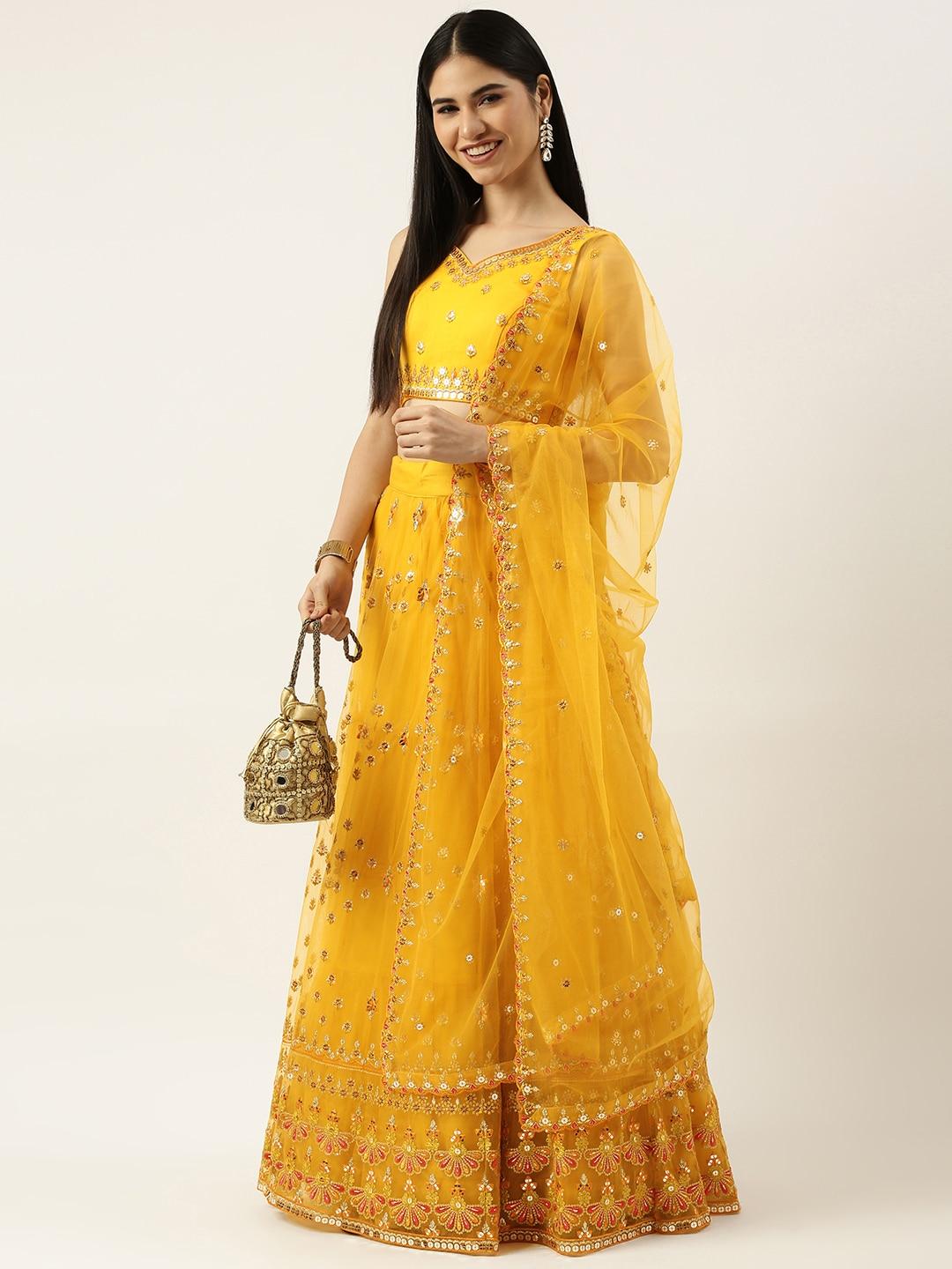 panchhi yellow embellished sequinned semi-stitched lehenga & unstitched blouse with dupatta