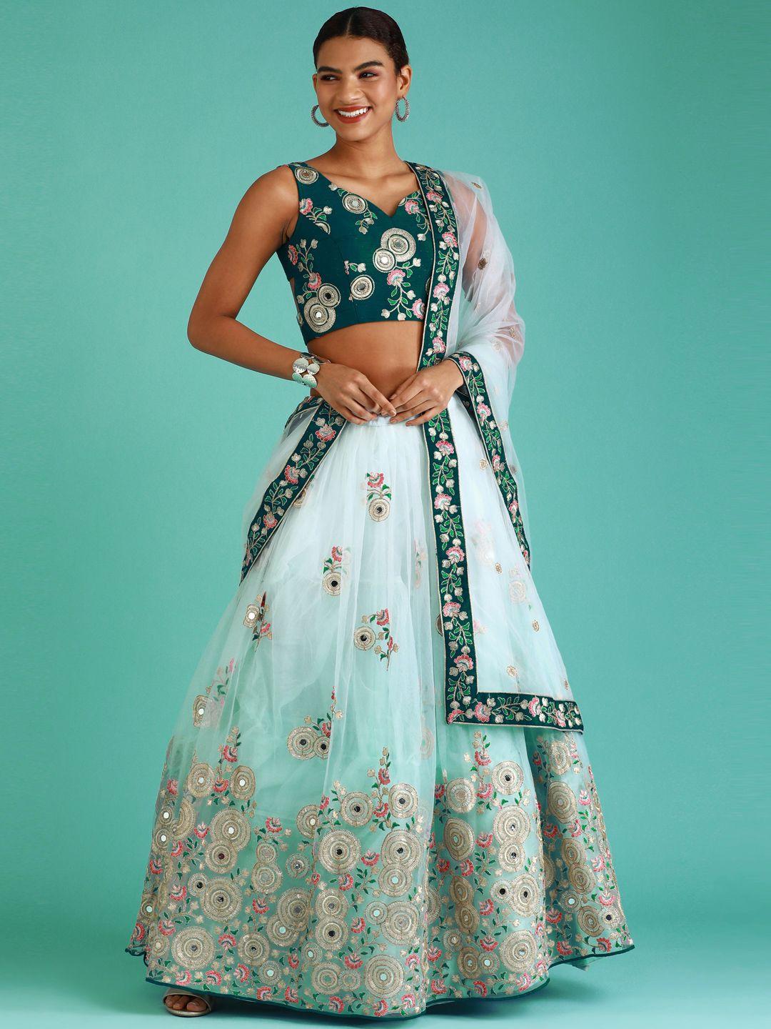 panchhi blue & green embroidered mirror work semi-stitched lehenga choli & dupatta