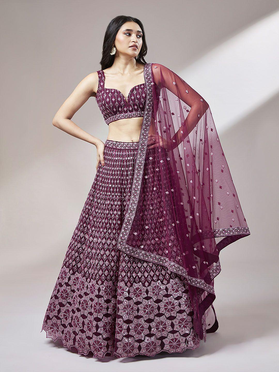 panchhi burgundy & white embroidered sequinned semi-stitched lehenga & unstitched blouse with dupatta