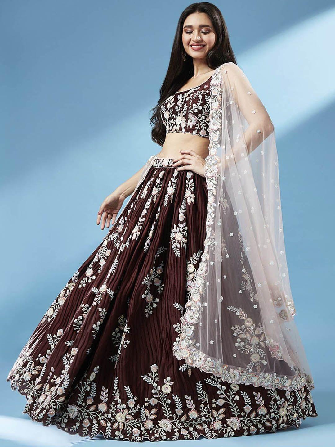 panchhi coffee brown & white embroidered sequinned semi-stitched lehenga & unstitched blouse with dupatta